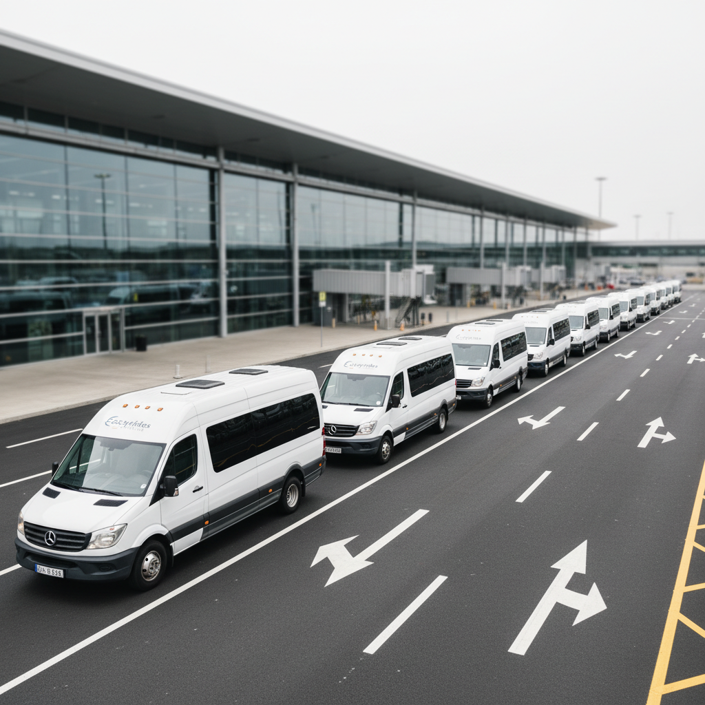 A row of impeccably maintained shuttle vehicles in coordinated white and graphite gray, each bearing discreet, modern Eazyrides Shuttles logos on the doors, aligned in a dedicated airport pickup lane. The asphalt is freshly marked with clear, bright lane lines and directional arrows, and glass terminal architecture rises in the softly blurred background. Early morning diffused daylight filters through a slightly overcast sky, creating an even, professional illumination with minimal harsh shadows. Shot from a slightly elevated wide-angle perspective in photographic realism, the composition emphasizes organization, reliability, and capacity for groups, with vehicles forming a strong leading line into the distance. The mood is efficient and reassuring, conveying seamless, pre-booked and on-demand transport service with a clean, corporate aesthetic and no human figures present.