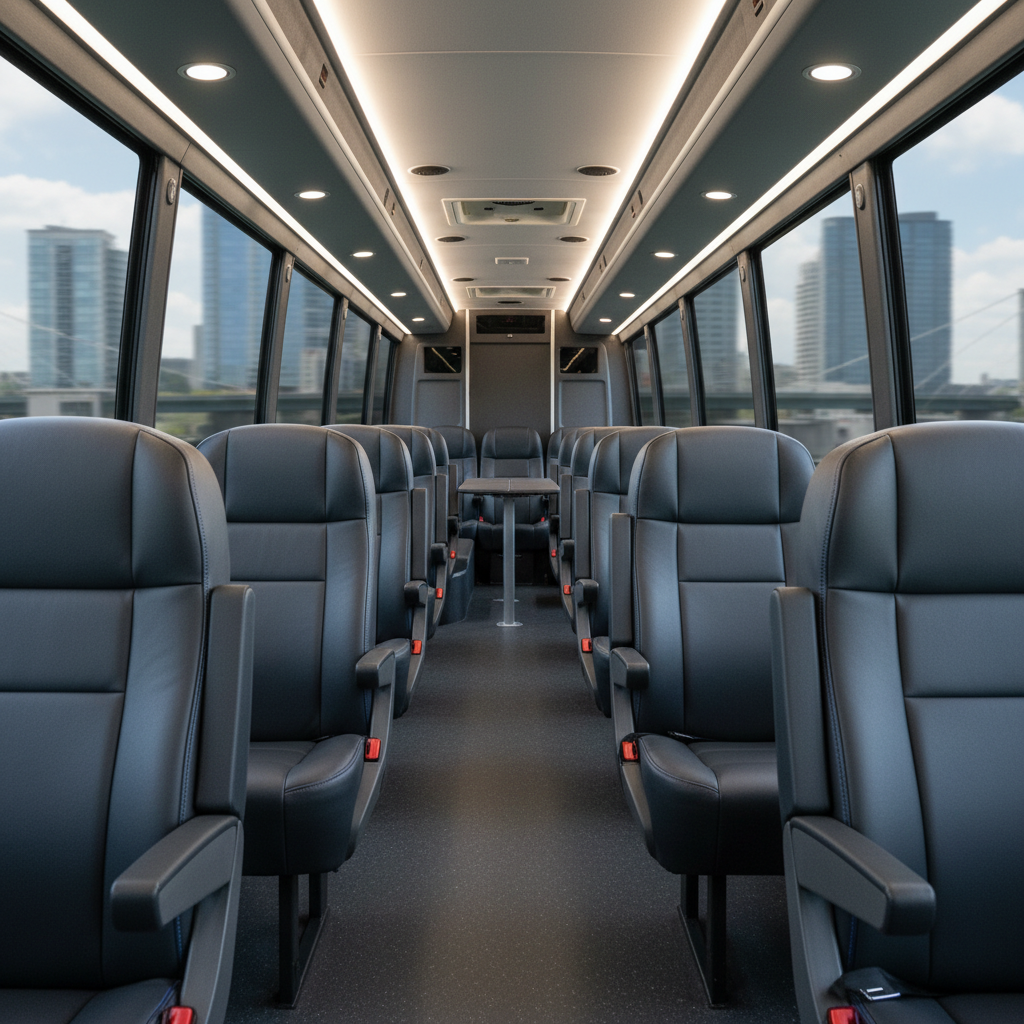 A spacious, impeccably clean shuttle interior featuring plush, dark charcoal leather seats with subtle blue stitching, arranged in a mix of forward-facing and conference-style seating to accommodate different group sizes. Each seat has integrated armrests and discreet seatbelt fixtures, with brushed metal grab handles and overhead individual reading lights. The floor is finished in textured, non-slip dark vinyl, and large tinted windows line both sides, revealing a softly blurred city skyline beyond. Warm, even LED lighting runs along the ceiling, blending with diffused daylight from outside to create a bright yet calming environment. Shot from the front of the cabin looking toward the rear in photographic realism, with sharp focus throughout, the composition highlights comfort, safety, and versatility for travelers of all ages without including any passengers.
