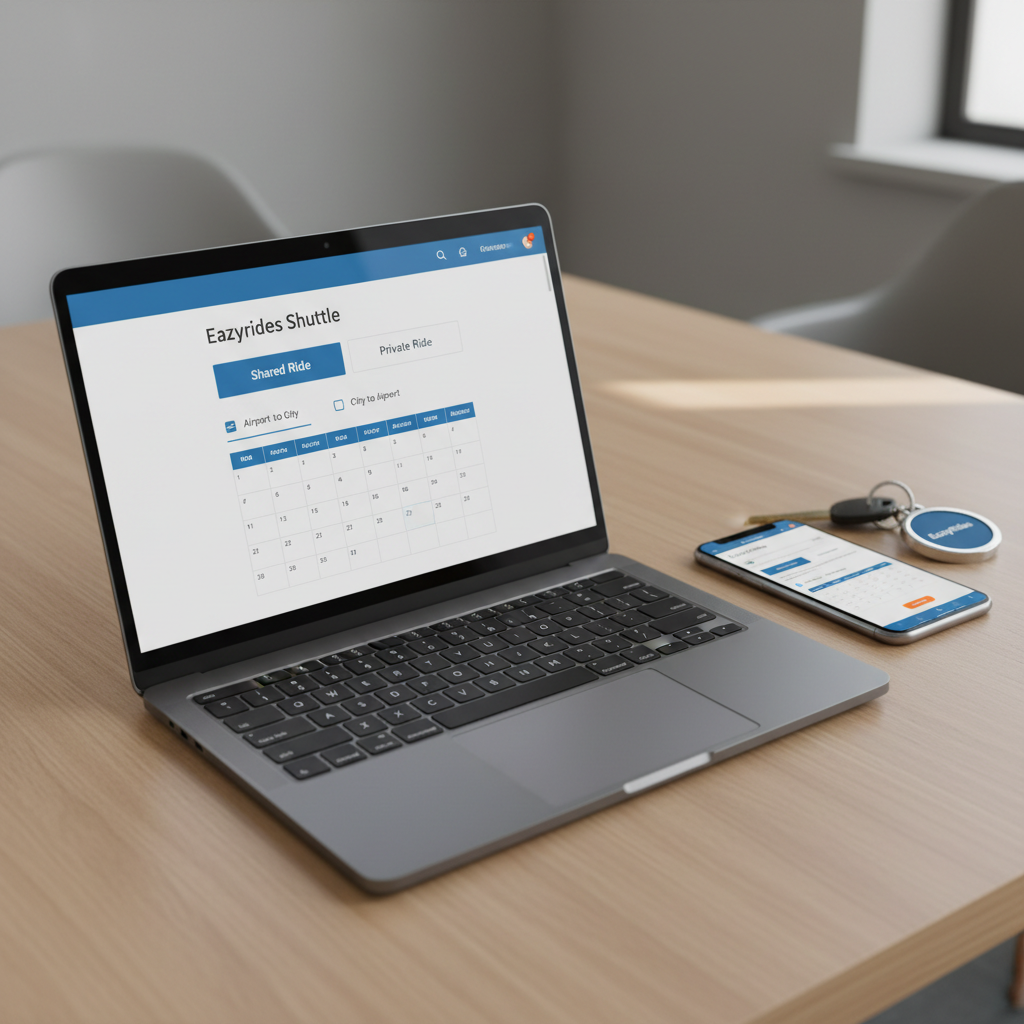 A sophisticated digital booking setup displayed on a slim, dark metal laptop resting on a smooth, light oak desk inside a high-end, minimalist office space. On the laptop screen, a clean, intuitive Eazyrides Shuttle booking interface shows options for shared and private rides, airport-to-city routes, and real-time availability, all in a professional blue and charcoal color scheme. Beside the laptop lies a modern smartphone showing a matching app screen, and a set of shuttle van keys with a branded key fob. Natural daylight from an unseen window softly illuminates the scene, creating delicate reflections on the laptop’s brushed aluminum body. Captured from a slightly elevated, close-up angle in photographic realism with a shallow depth of field, the atmosphere feels streamlined, secure, and highly convenient, highlighting the digital ease of arranging safe transportation.