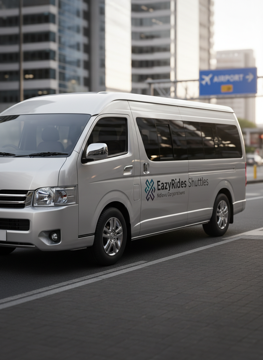 A sleek, modern shuttle van in pristine metallic silver, with the Eazyrides Shuttles and Ndlovu Corporations branding clearly visible along the side panels, parked neatly at a contemporary city curbside. The vehicle’s clean lines, reflective windows, and polished alloy wheels emphasize reliability and professionalism. The environment features a well-maintained urban streetscape with blurred glass office buildings and a subtle indication of an airport direction sign in the distance. Soft late-afternoon natural light creates gentle highlights on the van’s bodywork and long, calm shadows on the asphalt. Captured at an eye-level three-quarter angle in photographic realism, the composition uses rule of thirds with shallow depth of field, producing a crisp, businesslike atmosphere focused on safe, convenient transportation without showing any people.