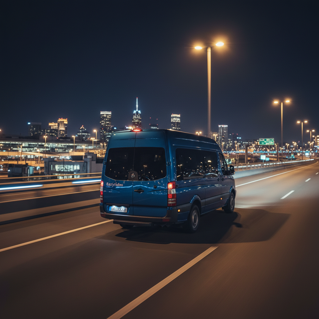 A dynamic night-time scene of a single Eazyrides Shuttle van in deep metallic blue, driving smoothly along an elevated highway leading from an illuminated airport complex toward a glowing city skyline. The vehicle’s headlights cast crisp beams on the road ahead, and subtle reflections of airport and city lights ripple across its polished body. LED-lit highway barriers and carefully spaced streetlights create a rhythm of light and shadow, suggesting continuous movement and 24/7 service. Captured from a low, three-quarter rear angle in photographic realism, with a slight motion blur on the road and background lights while keeping the shuttle in sharp focus, the composition conveys energy, reliability, and safety during late-night or early-morning transfers, in a professional, cinematic atmosphere.